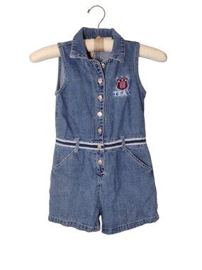Vintage Girls Embroidered Denim Button Up Short Romper 7/8 Sporty Basic Editions